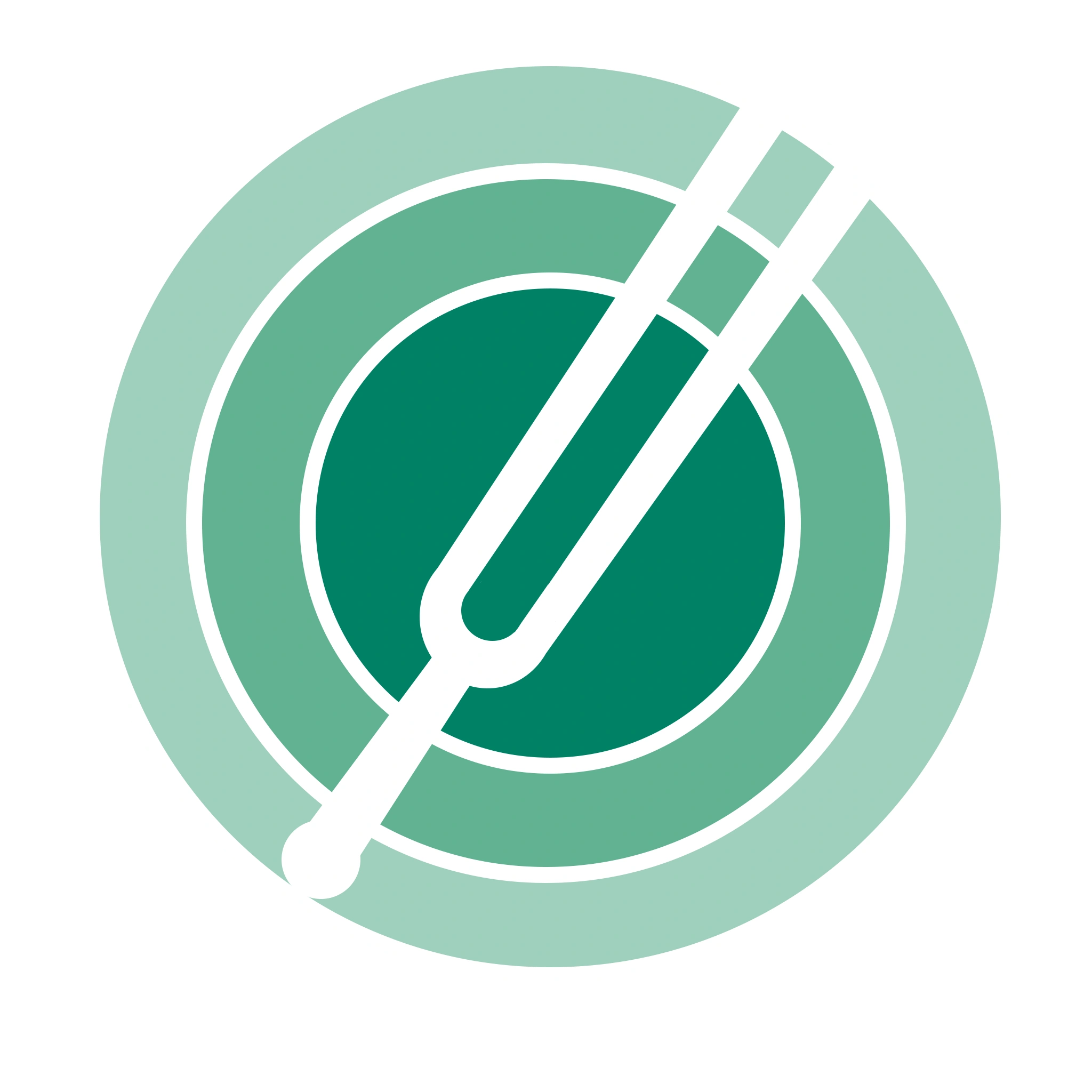 Inner Action Counselling Logo with three concentric green circles, darkest in the centre and lightest on the outer edge, each outlined in white. A white tuning fork silhouette is angled diagonally to the right across the circles, intersecting the rings